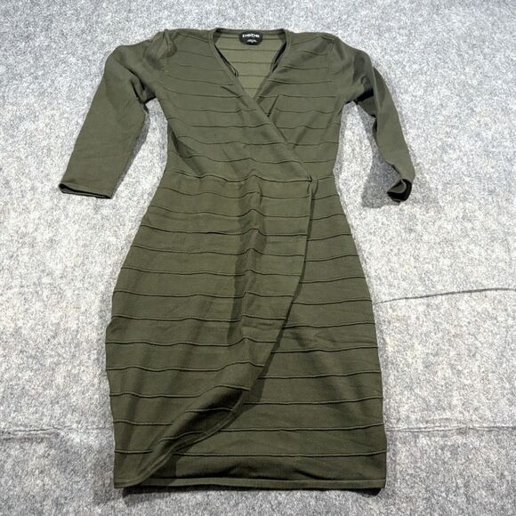 Bebe Dress Womens Green Bandage Stretch Bodycon Knit Sheath 3/4 Sleeve S Flaw - Picture 1 of 10